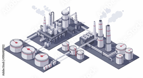 Isometric Industrial Plant with Storage Tanks and Processing Units.