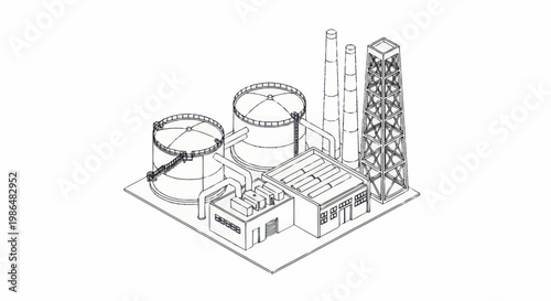 Isometric Line Art Illustration of an Industrial Oil Refinery Plant.