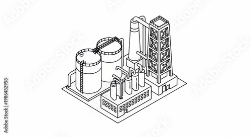 Isometric Line Art Illustration of an Industrial Oil Refinery Plant.