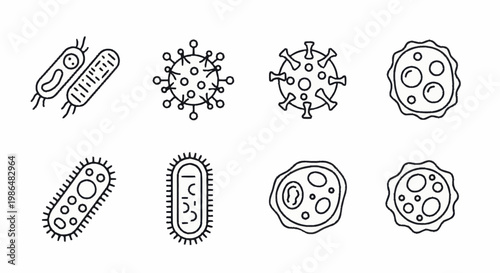 Microscopic Organisms and Viruses Outline Icons Set.