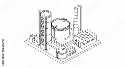 Isometric Outline Drawing of an Industrial Oil Refinery Plant.