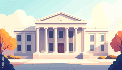 A beautiful, grand, and imposing neoclassical building with large columns and a bright, sunny sky, evoking a sense of importance and permanence
