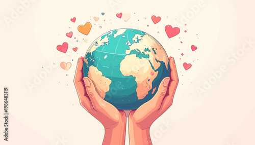 Gentle hands lovingly cradle our precious Earth, surrounded by a cascade of heartfelt symbols, representing global unity, peace, and a profound commitment to its well-being and environmental care