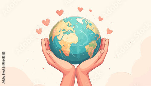 Caring Hands Gently Holding the Planet Earth Surrounded by Hearts, Symbolizing Love and Environmental Protection