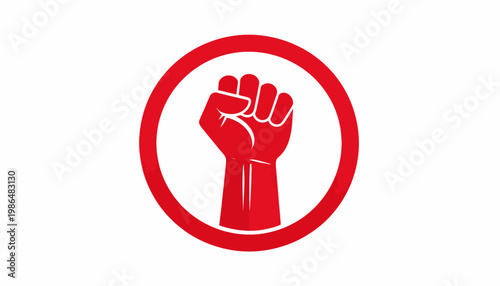 Powerful Red Clenched Fist Graphic Design Icon Symbolizing Strength, Unity, and Activism within a Bold Circular Frame on a Clean White Background
