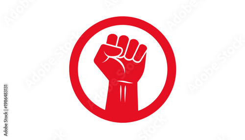Red fist raised in protest symbol inside concentric red circles, representing strength, revolution, and activism