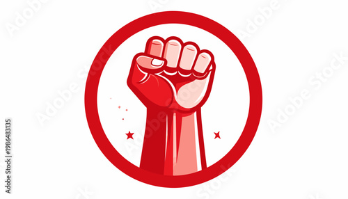 A red raised fist in a circle, symbolizing power, revolution, protest, and solidarity, set against a white background with small star accents