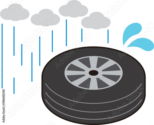 タイヤを雨の当たる場所に保管しない注意喚起のイラスト