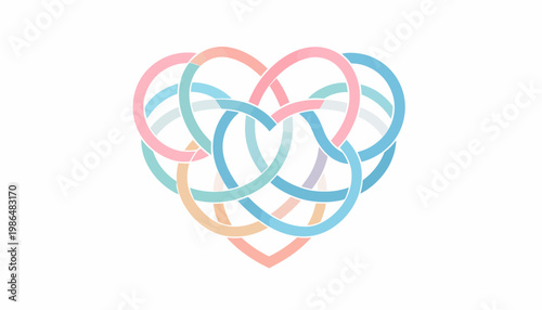 Interlocking heart shape formed by pastel colored ribbon strands on a white background, symbolizing unity, love, and interconnectedness