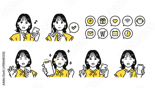 スマートフォンを見るポジティブなかわいい20代女性と通知アイコンセット