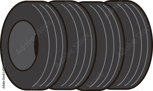 縦置きの4本の黒いタイヤのイラスト（アイソメトリック図）