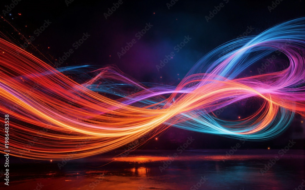 Fototapeta premium Vibrant light trails swirl across dark sky reflecting on glowing