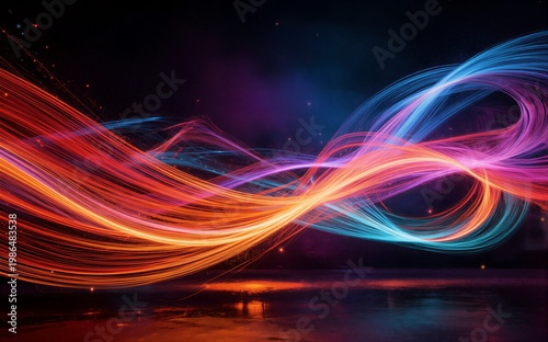 Vibrant light trails swirl across dark sky reflecting on glowing