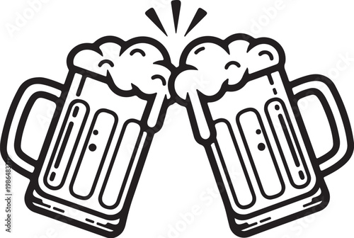 Two overflowing beer mugs clinking in celebration, frothy foam, black and white line art