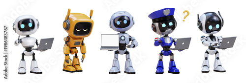Bilde på lerret Diverse cartoon robots in various poses with laptops and a question mark