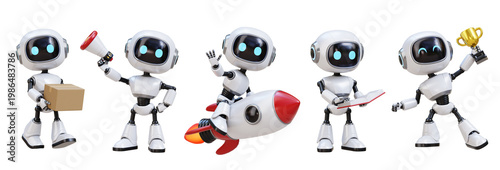 Cute white robot character set with various actions. 3D render