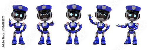 Cute friendly cartoon robot police officer in blue uniform with hat. waving and giving thumbs up.