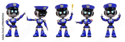 Cute blue police robot character set with different gestures and poses. 3D render