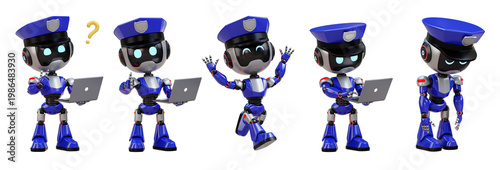 Cute robot police officer in uniform with cap using laptop and having fun