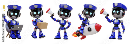 Cartoon robot in police uniform with laptop. box. megaphone. and rocket in various poses. 3D rende