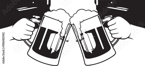 cheerful toast with overflowing beer mugs in black and white sketch style