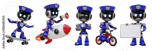 Amusing police robot characters in various actions skateboarding. riding rocket. holding tablet.
