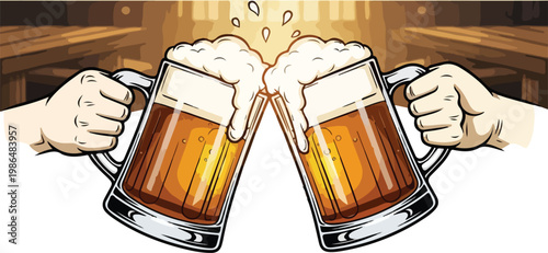 cheerful toast with overflowing beer mugs