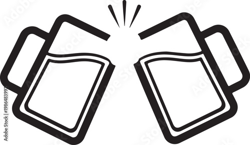 A black and white illustration of two beer mugs clinking together