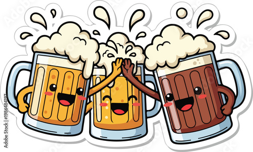 Three cartoon beer mugs with smiling faces and raised arms celebrating