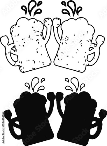 A cartoon illustration of four beer mugs clinking together in celebration