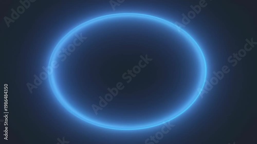 Blue glowing oval ring on dark abstract background, neon light ellipse with soft haze, futuristic minimal design and luminous outline for SEO searchable backdrop