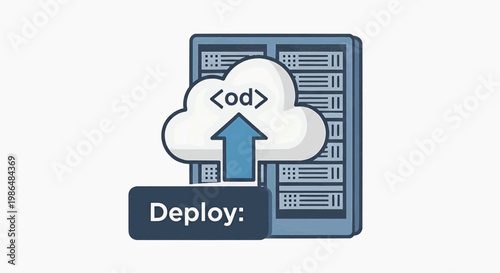 A cloud computing deployment process illustrated with a server, cloud, and code being deployed.