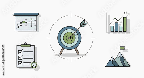 Business goals and objectives are achieved with a target hit on a bullseye with a dart, accompanied by a checklist, graph, and mountain climb.