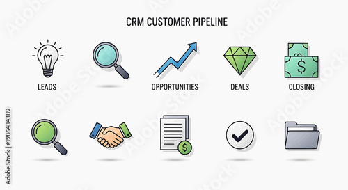 CRM customer pipeline icons illustrate business process stages including leads, opportunities, deals, and closing with various symbols