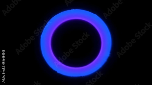 Neon blue purple ring on black background, glowing abstract circle with dark center, futuristic minimal design and circular light shape for SEO search upload title