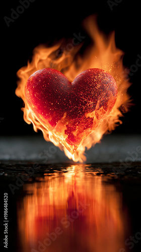 Burning heart flame fire red reflection love Red heart burning flames with glowing fire and reflection dark surface