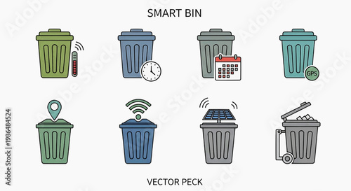 Various smart trash bins with technology features are shown outdoors