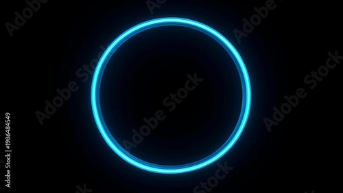 Abstract glowing blue and cyan circle neon ring black background with futuristic light halo, minimal abstract design, glowing purple neon circle with dark empty center, modern concept and SEO