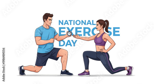 Celebrating National Exercise Day, a man and woman demonstrate a lunge workout routine with a stopwatch against a white background, depicted in a vibrant vector illustration promoting