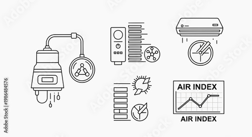 Air quality monitoring system displays index with various indicators and icons nearby
