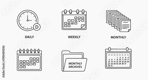 The daily, weekly, and monthly calendar icons are displayed on a clean surface with a clock.