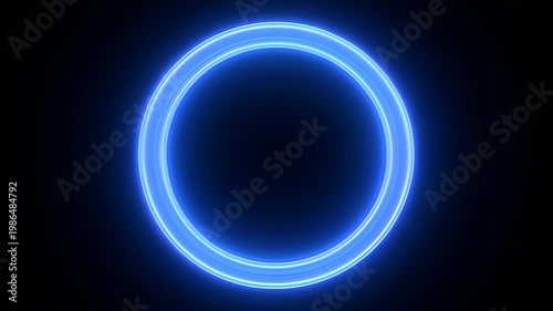 Glowing Blue Neon Ring Abstract Circle on Dark Background, Futuristic Light Halo with Empty Center, Minimalist Digital Glow and Copy Space