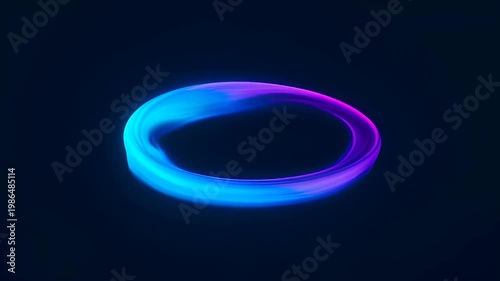Abstract glowing neon ring and light circle on dark background, blue and purple energy loop with smooth motion blur, minimal futuristic halo design