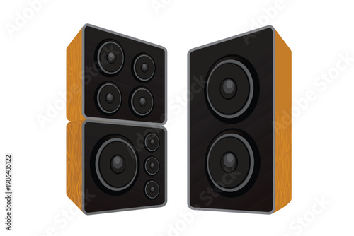 Modern audio speaker set in format vector illustration featuring wooden texture sides and clean black front panels.