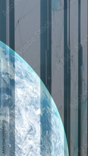 Vertical video: On play planet turning left as bars sliding showing mesh, specks for data designers