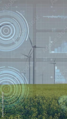 Vertical video: HUD activating while turbines rotating and charts displaying crop power monitoring