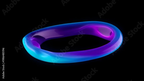 Abstract neon ring and oval loop with glossy purple and blue glow on black background, futuristic digital design with smooth fluid curve and cyan gradient for SEO searchable use