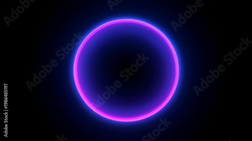 Neon circle glowing ring on black background, abstract dark empty space with purple pink ring, blue edge, circular light frame, magenta gradient, SEO friendly searchable title