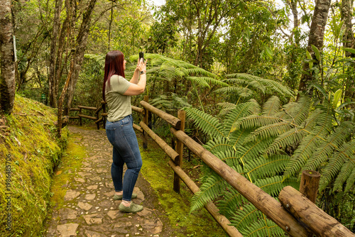 Independent Middle-Aged Woman Traveling Solo and Taking Photos with Smartphone While Hiking in a Lush Green Forest Path