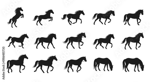 A comprehensive collection of dynamic horse silhouettes showcasing various stages of movement and action, ideal for animation projects, equestrian designs, and digital graphic resources